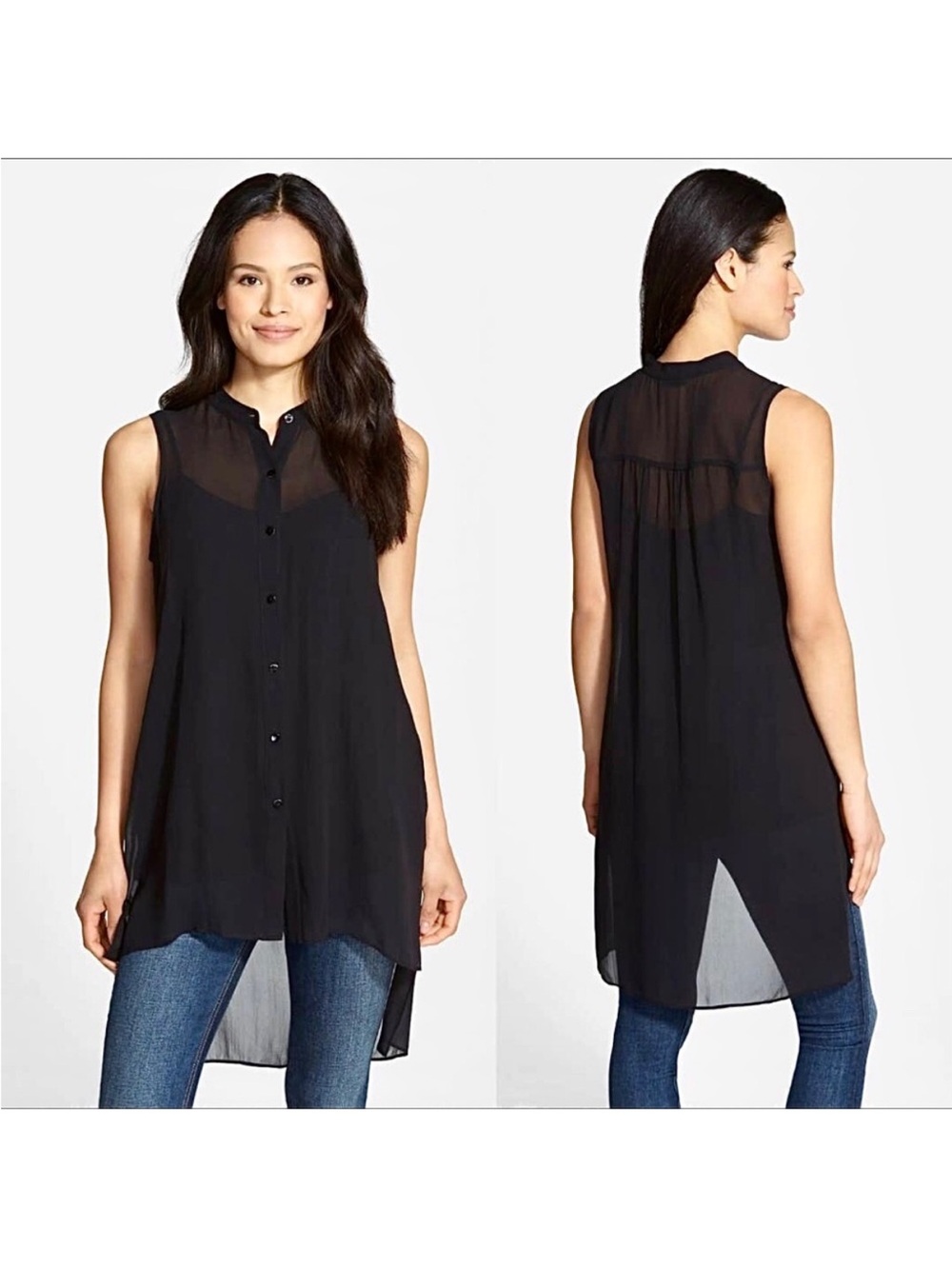 Eileen Fisher Georgette Silk Sheer Tunic Top Sleeveless Mandarin Collar Black XL